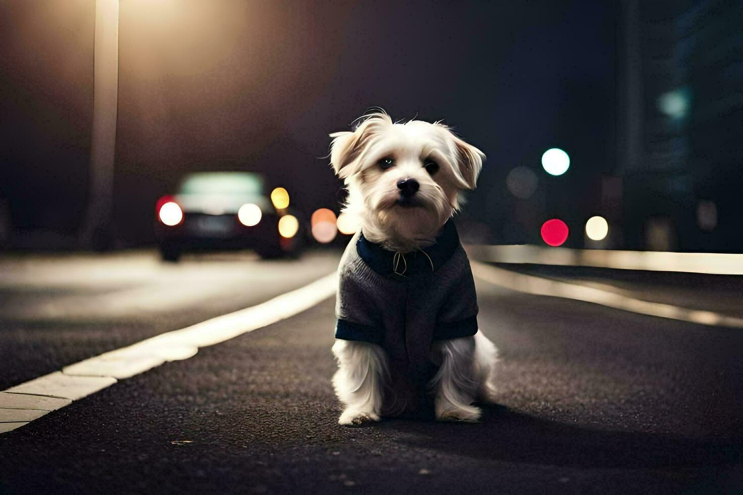 a small white dog sitting on the road at night. AI-Generated photo