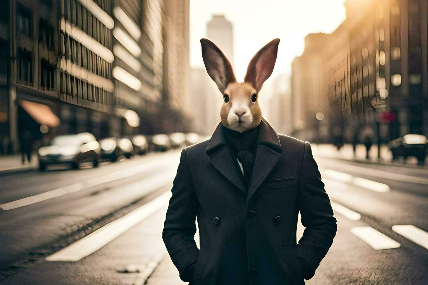 a rabbit wearing a suit and tie on the street. AI-Generated photo