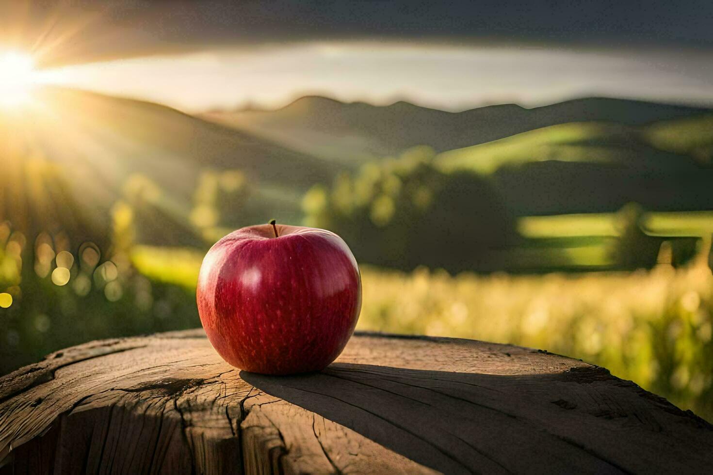an apple sits on a stump in front of a field. AI-Generated photo