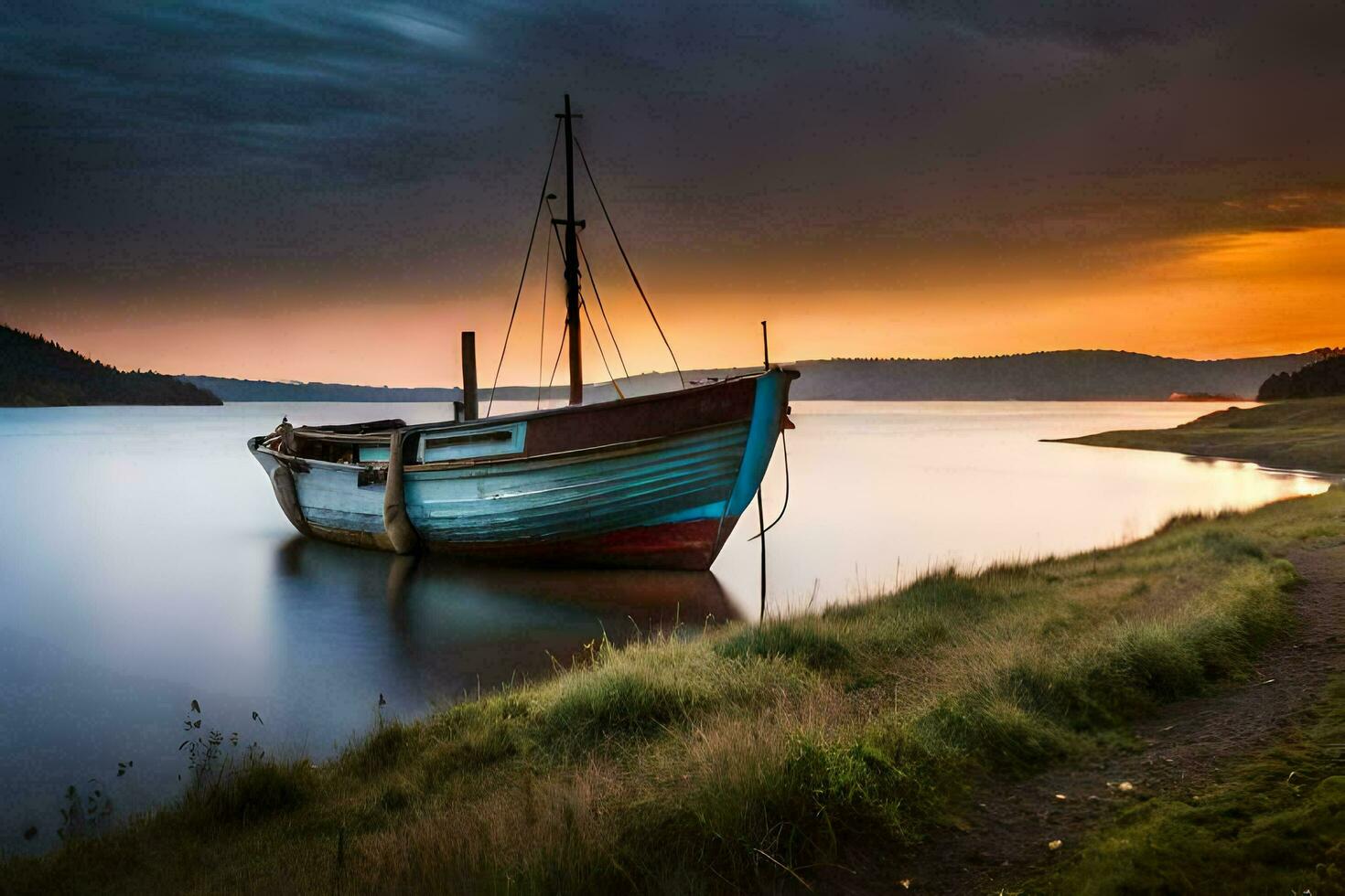 a boat sits on the shore at sunset. AI-Generated photo