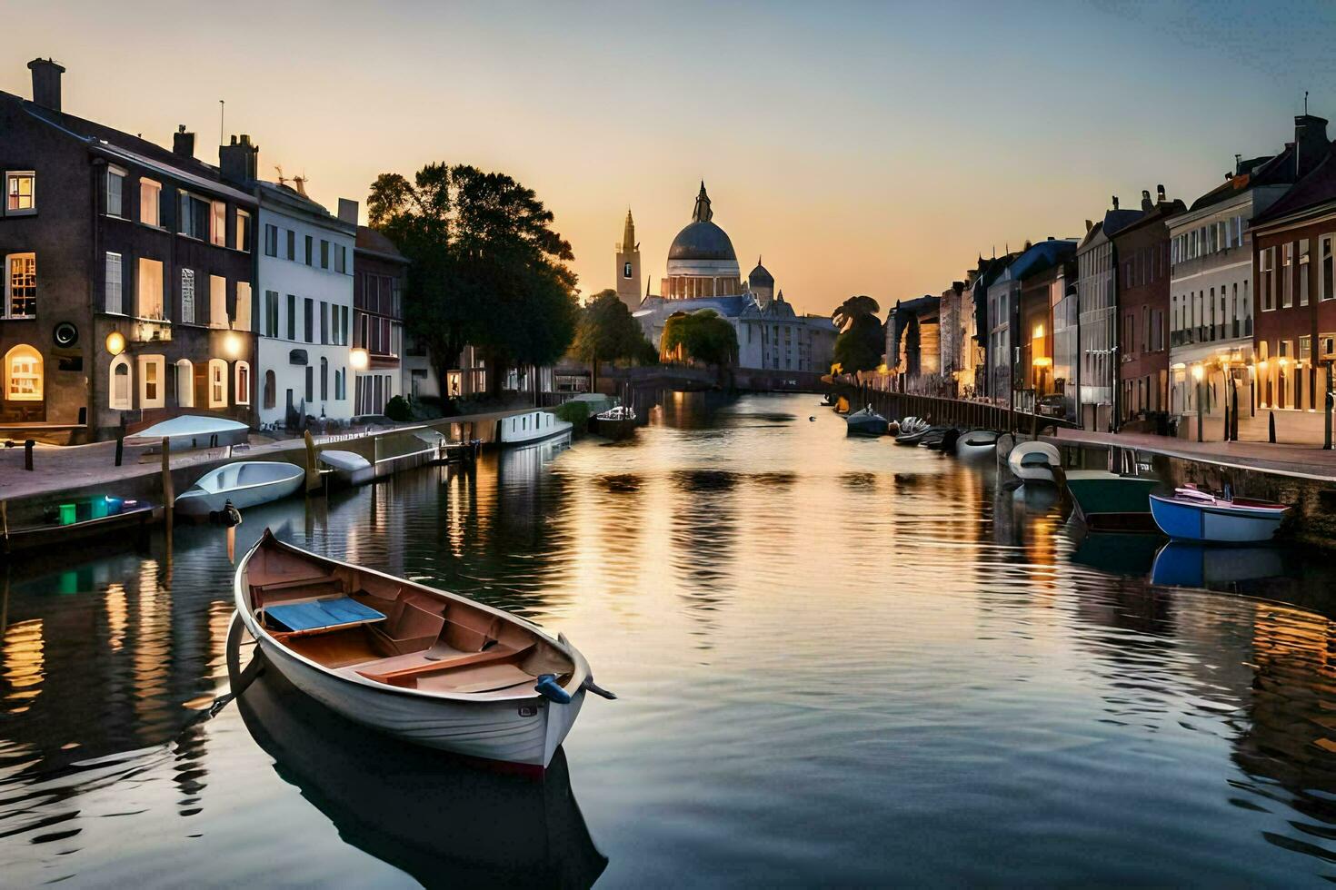 a boat is docked in a canal at sunset. AI-Generated photo