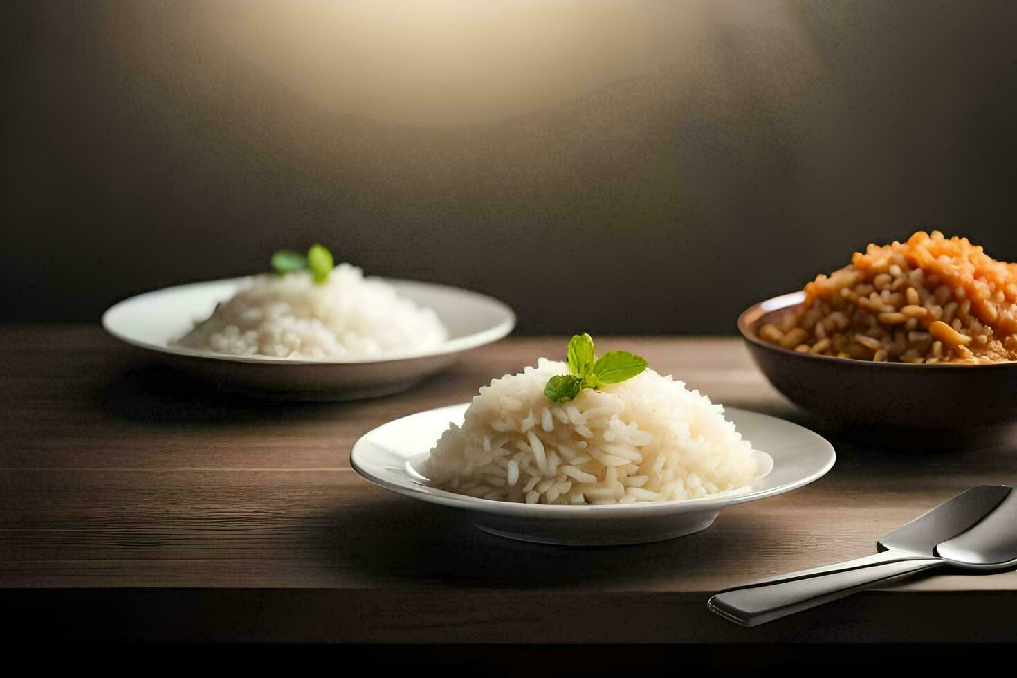 three bowls of rice and a spoon on a table. AI-Generated photo
