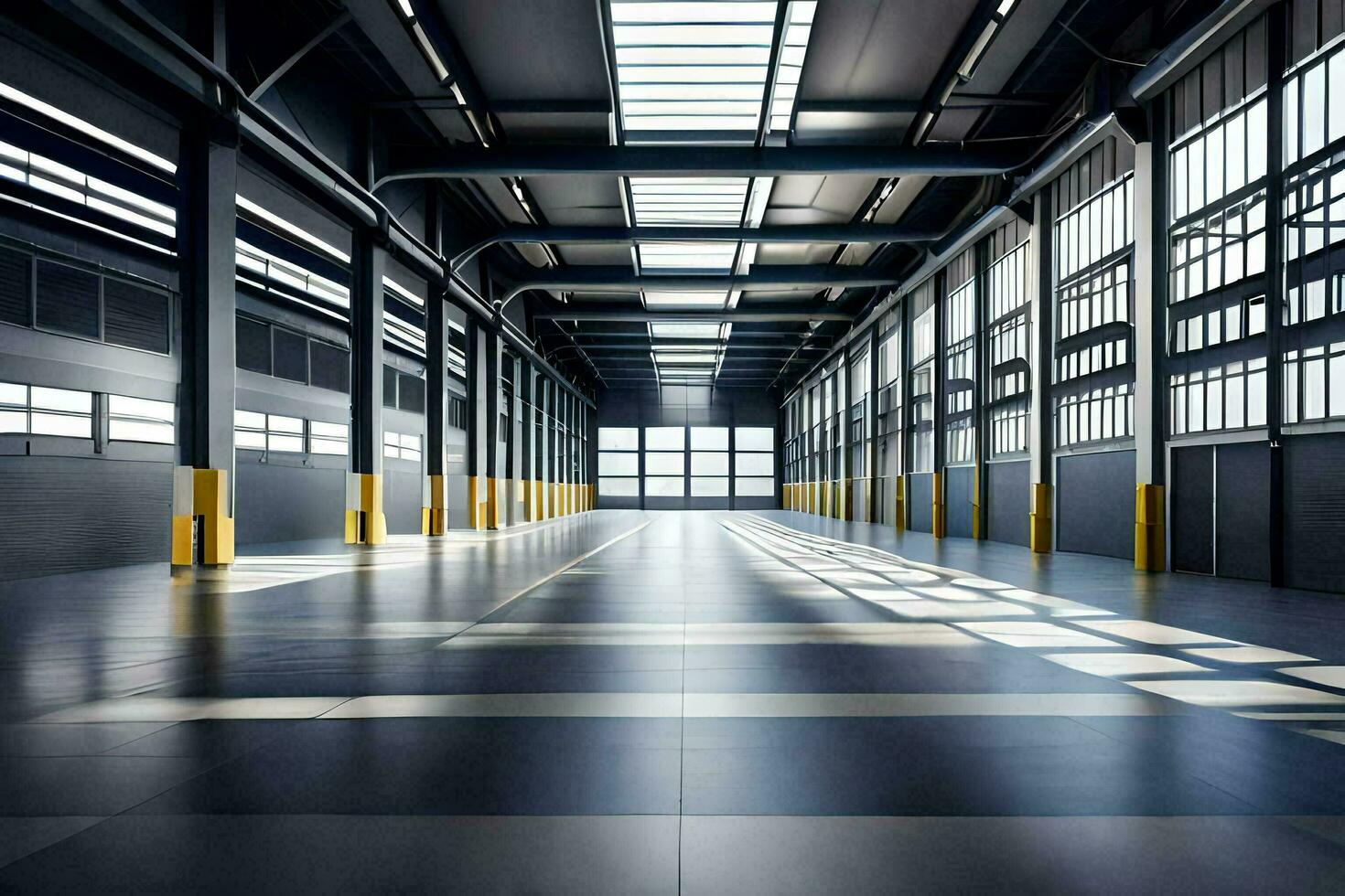an empty warehouse with yellow poles. AI-Generated photo