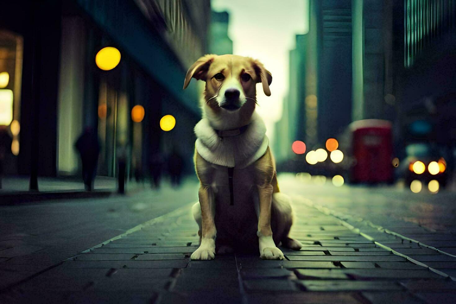 a dog sitting on the sidewalk in a city. AI-Generated photo