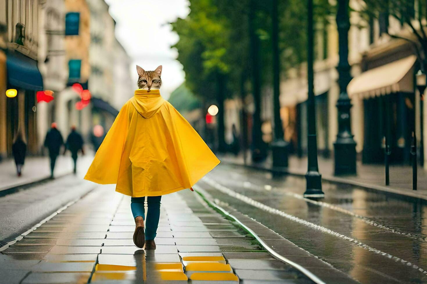 un persona caminando abajo un calle en un amarillo impermeable. generado por ai foto