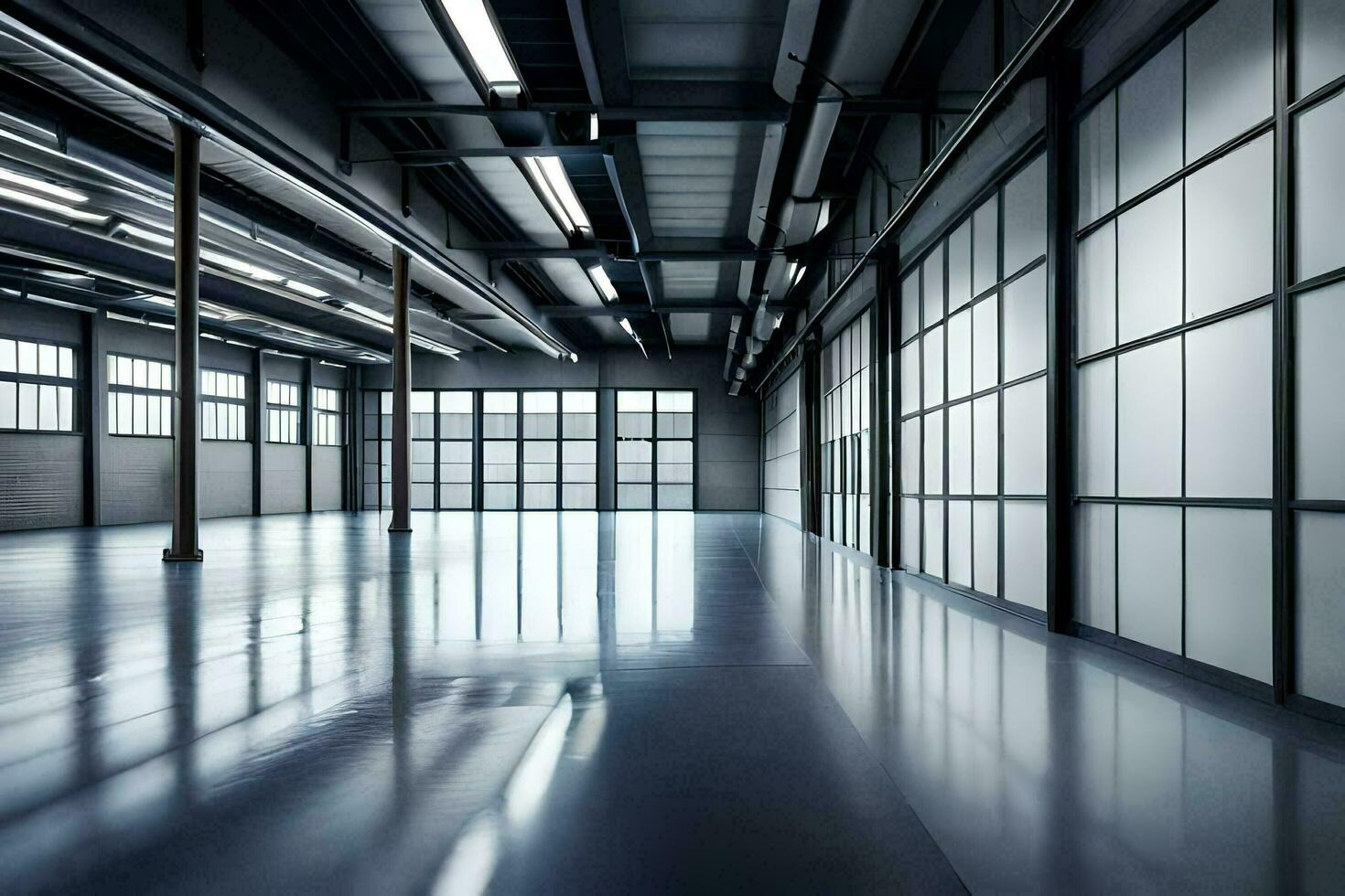 un vacío almacén con grande ventanas y un montón de ligero. generado por ai foto