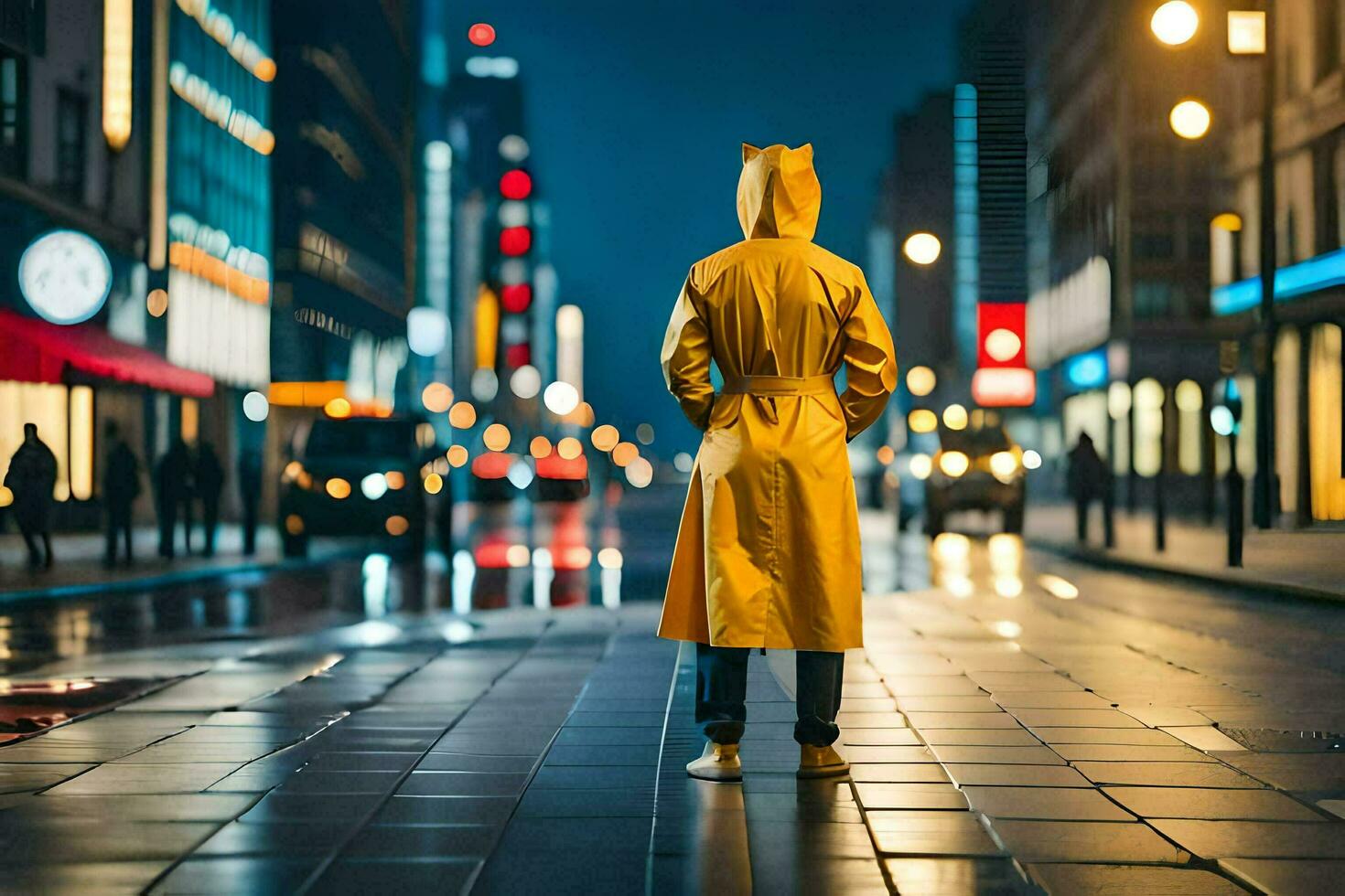 a person in a yellow raincoat standing on a city street at night. AI-Generated photo