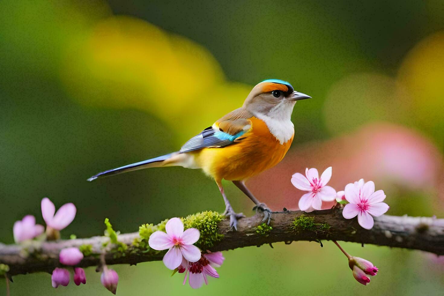 a small bird is perched on a branch with pink flowers. AI-Generated photo