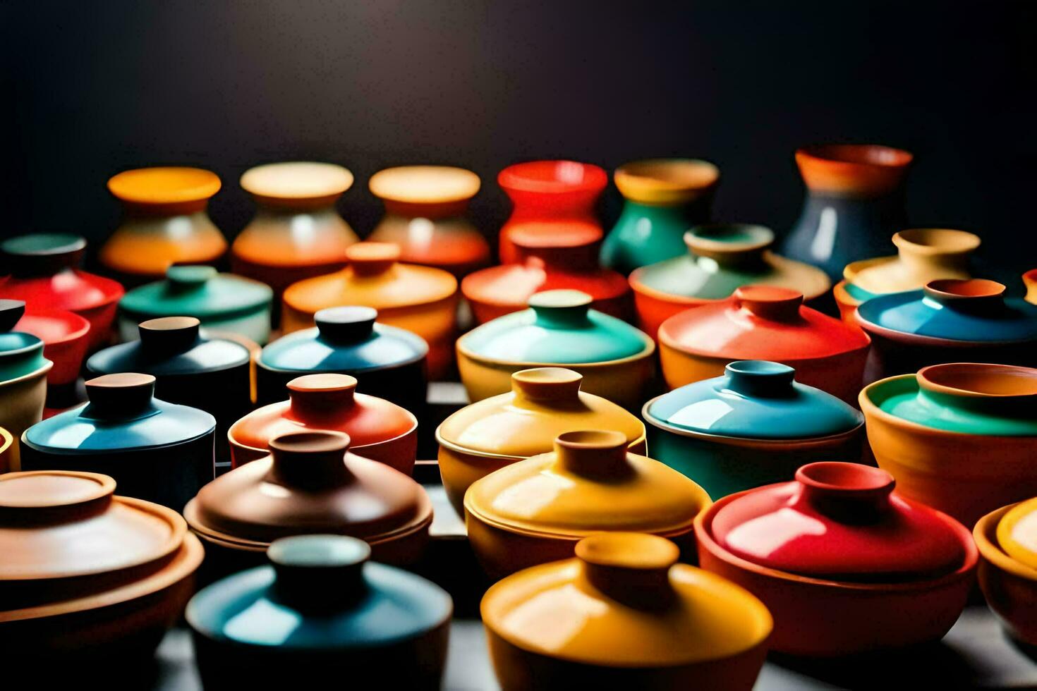 colorful pots and vases on a table. AI-Generated photo