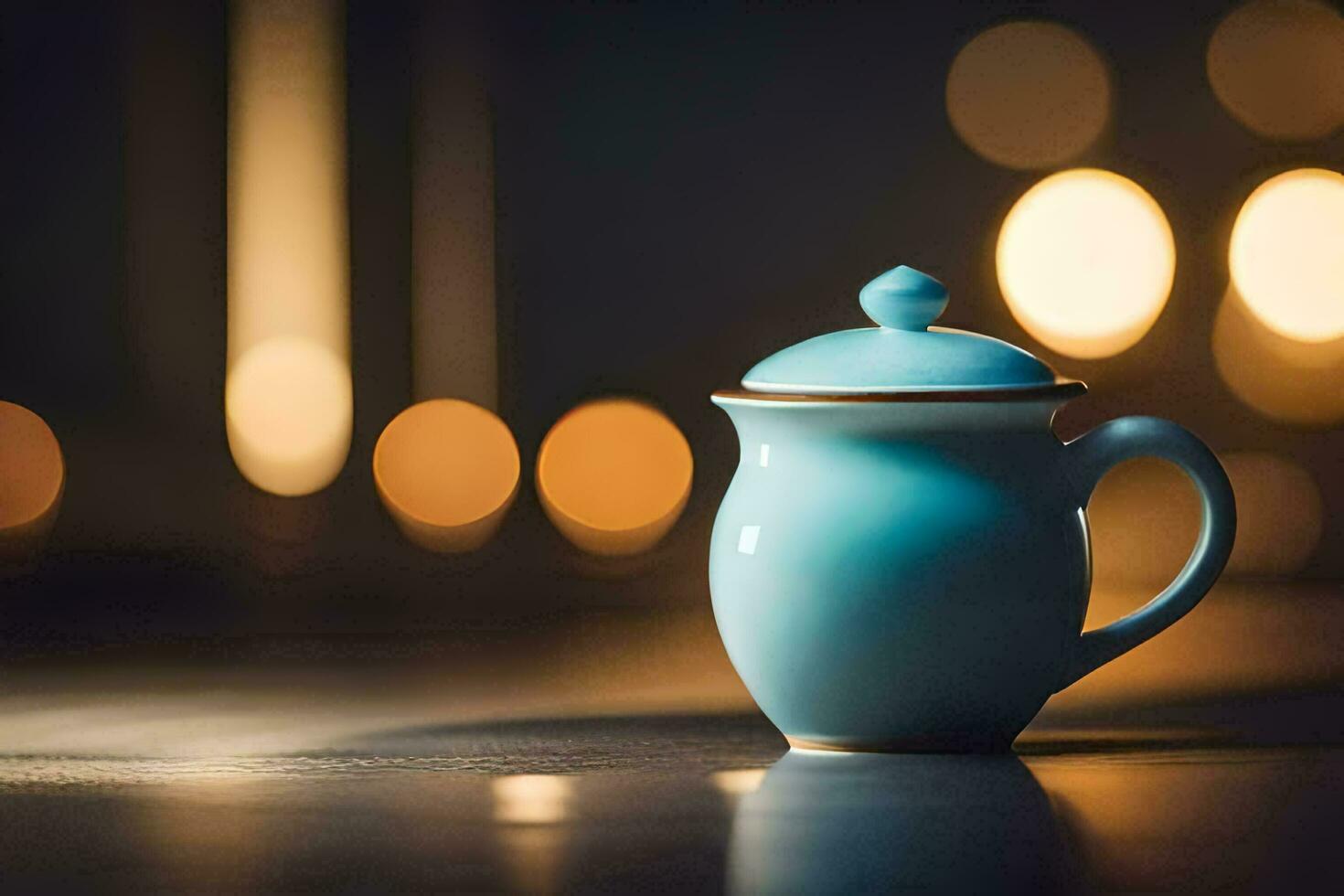 a blue teapot on a table with blurred lights. AI-Generated photo