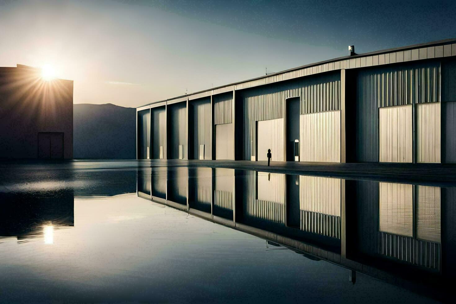 the sun is setting over a large warehouse. AI-Generated photo