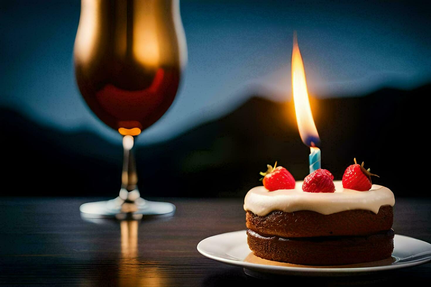 a birthday cake with candles and a glass of beer. AI-Generated photo