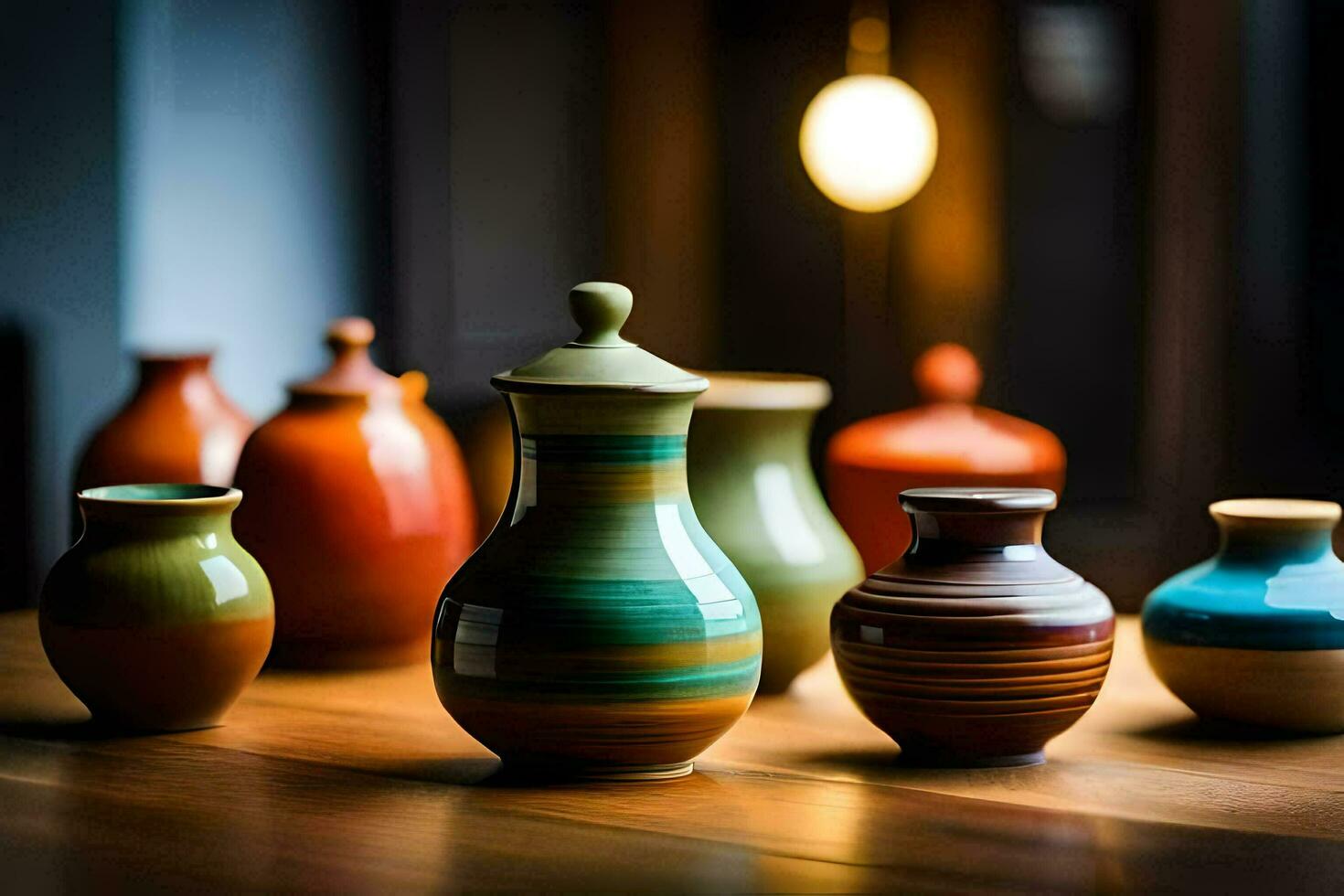 a group of colorful vases sitting on a table. AI-Generated photo