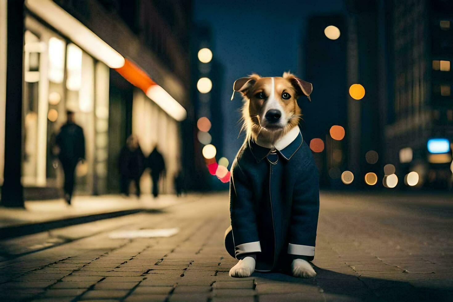 a dog in a suit sitting on the street at night. AI-Generated photo