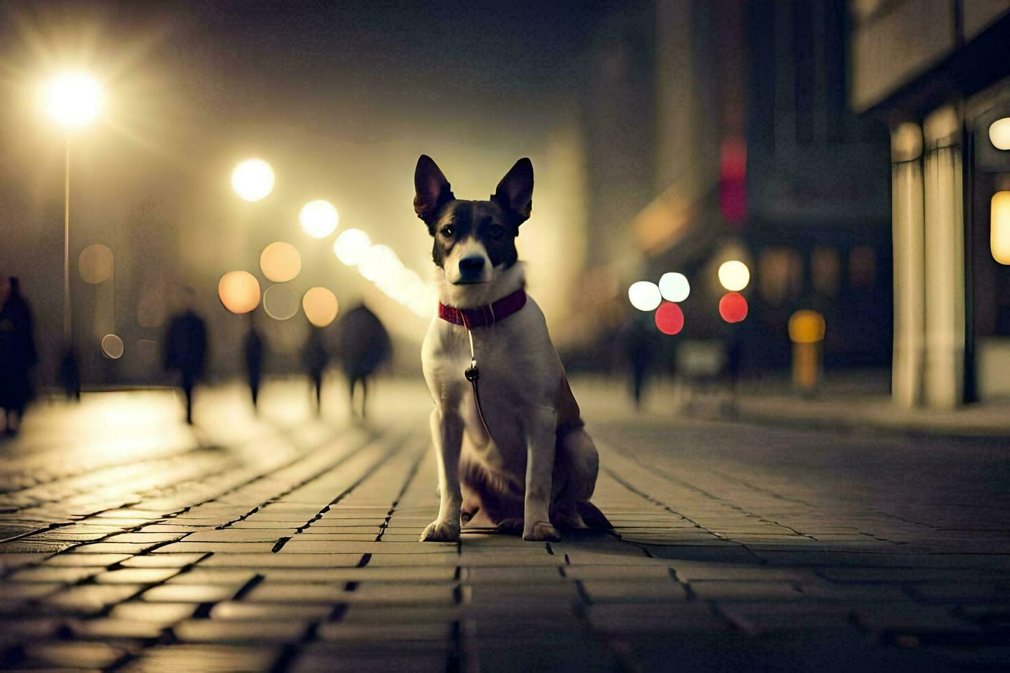 a dog sitting on a brick street at night. AI-Generated photo