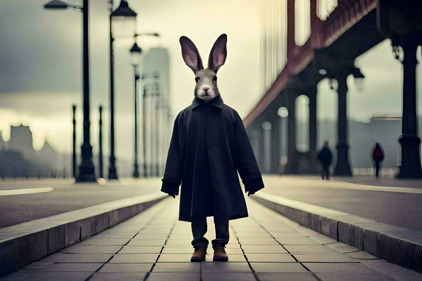 a rabbit wearing a coat and hat on a bridge. AI-Generated photo