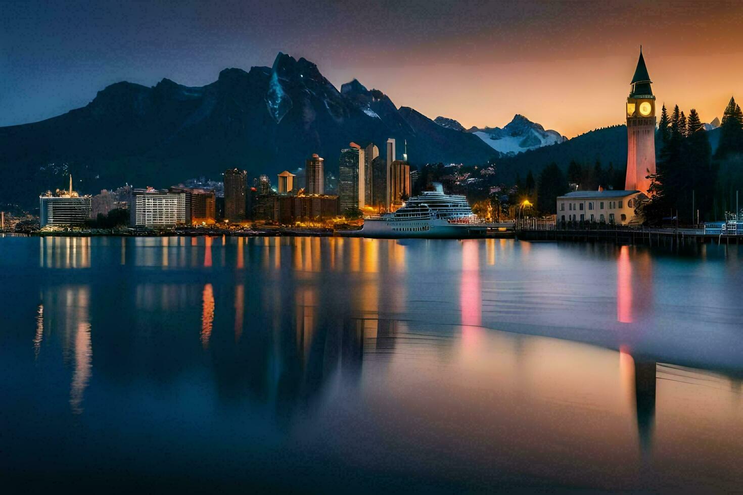 el ciudad de Vancouver es iluminado arriba a noche. generado por ai foto