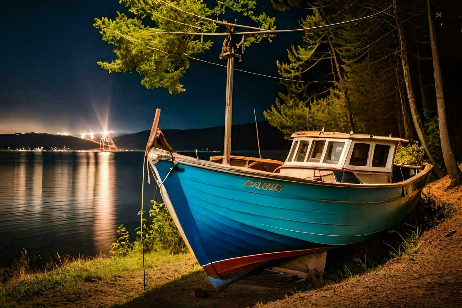 a boat sits on the shore at night. AI-Generated photo