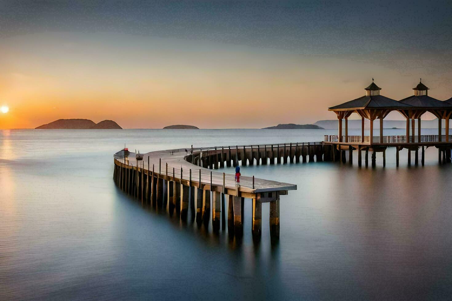 a pier with a gazebo at sunset. AI-Generated photo