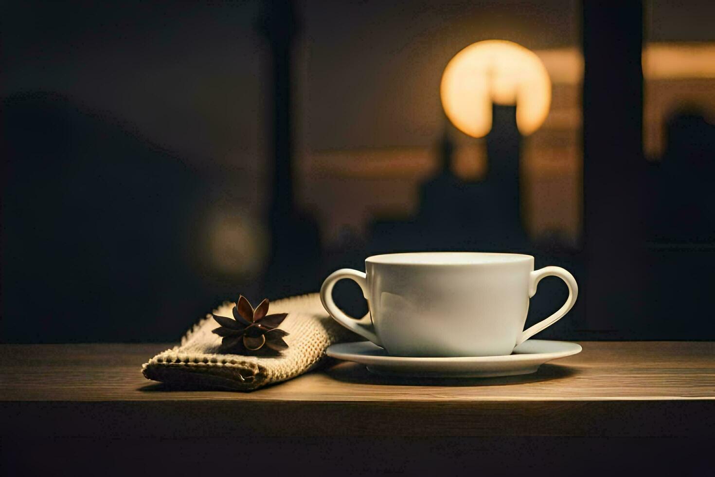 un taza de café y platillo en un mesa en frente de un ventana. generado por ai foto