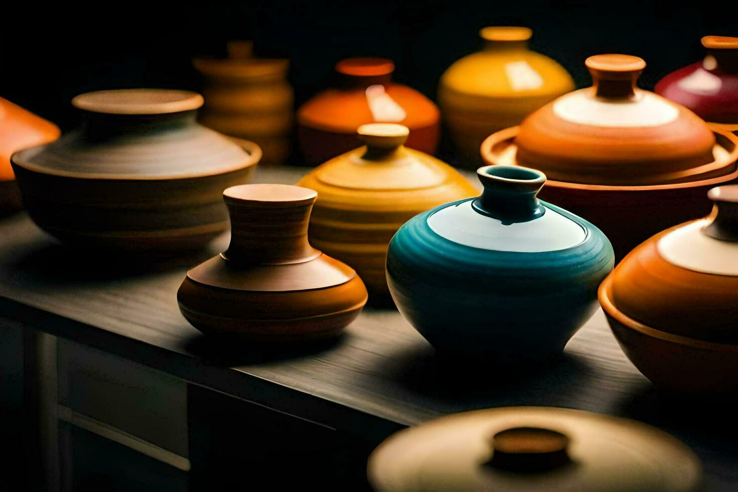 a collection of colorful pottery vases on a table. AI-Generated photo