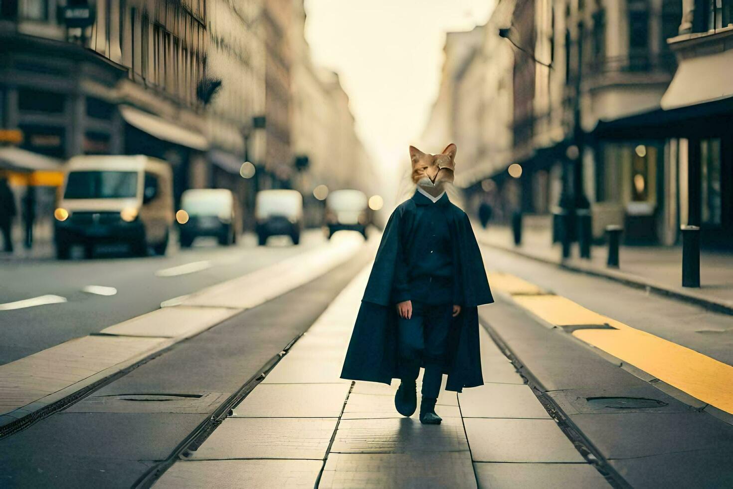 a fox wearing a cape walks down a street. AI-Generated photo