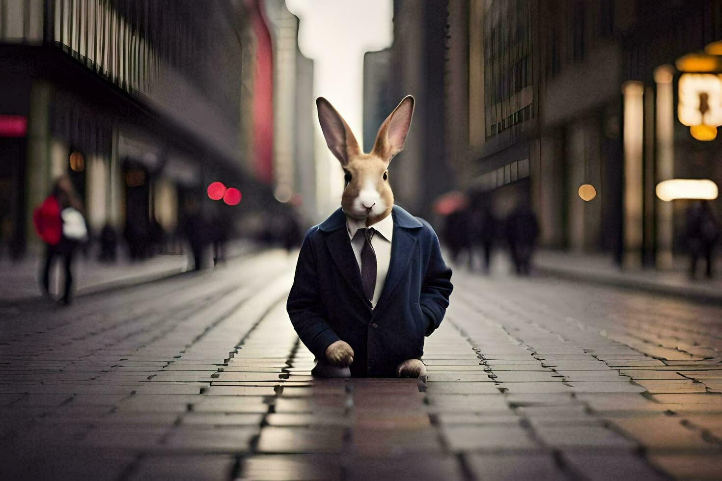 a rabbit wearing a suit and tie on a street. AI-Generated photo