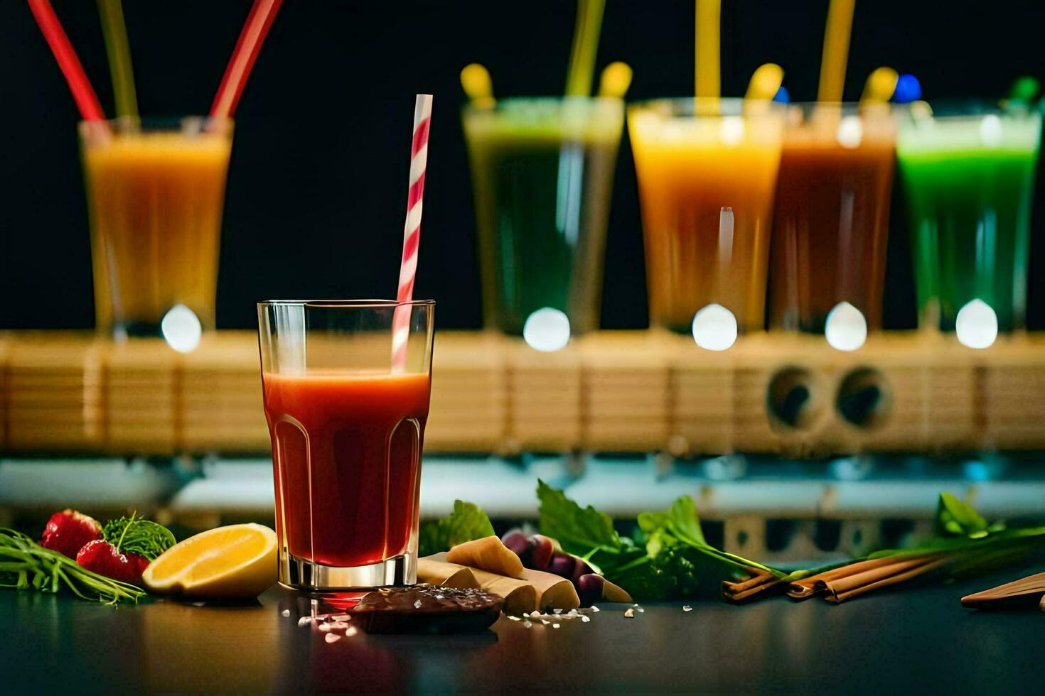 a variety of juices and drinks are arranged on a table. AI-Generated photo