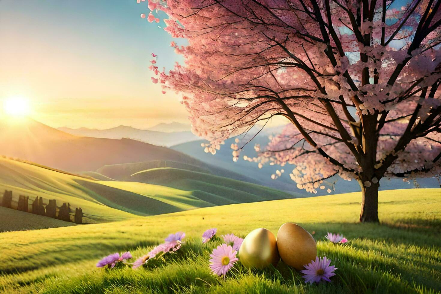 the golden eggs are placed on the grass in front of the tree. AI-Generated photo