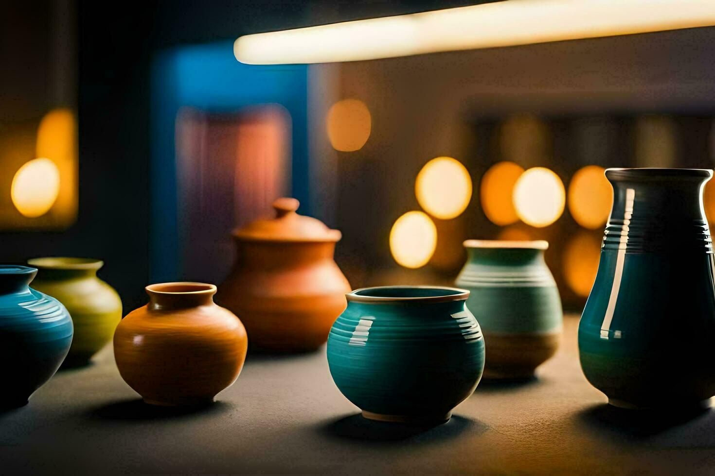 a row of colorful vases on a table. AI-Generated photo