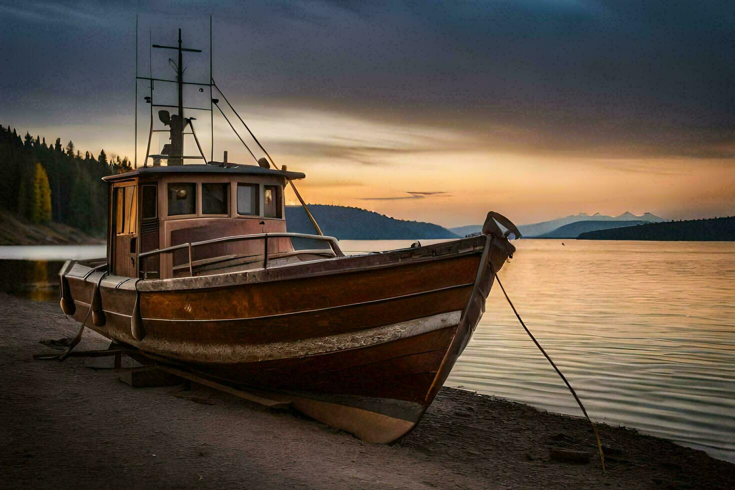 a boat sits on the shore at sunset. AI-Generated photo