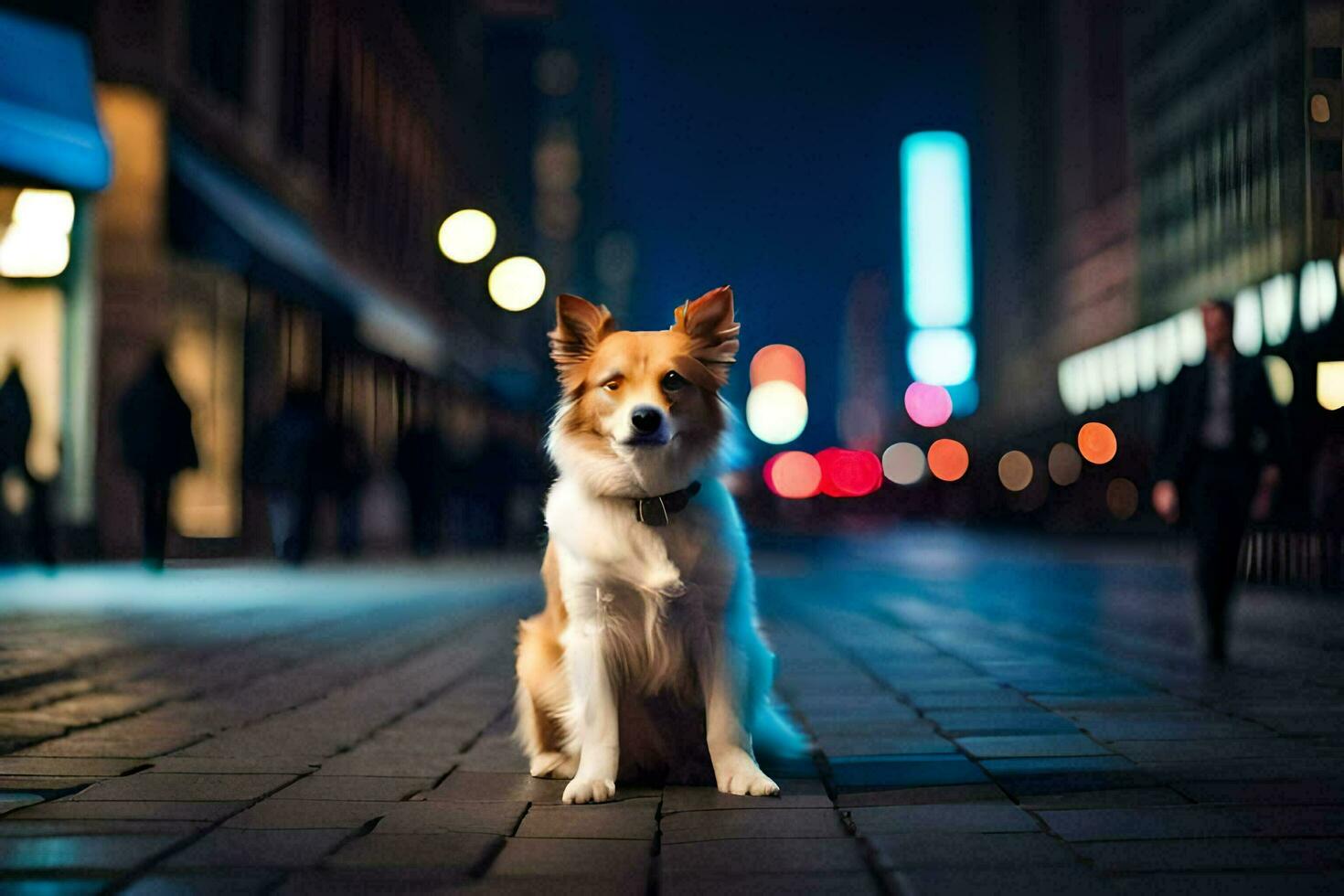 a dog sitting on the street at night. AI-Generated photo