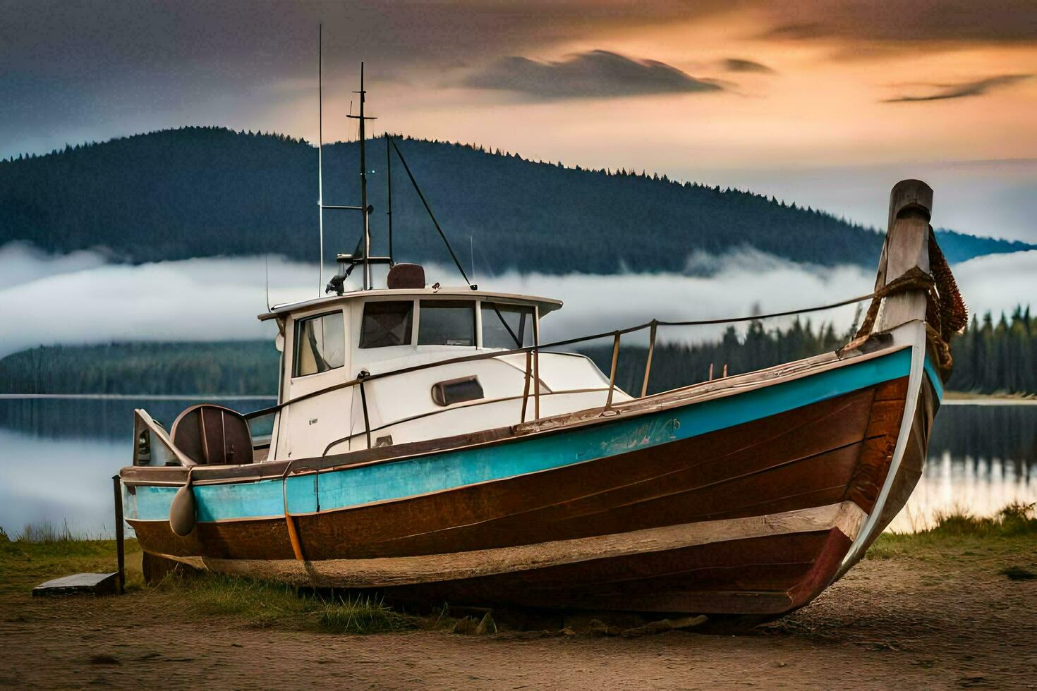 a boat sits on the shore of a lake. AI-Generated photo