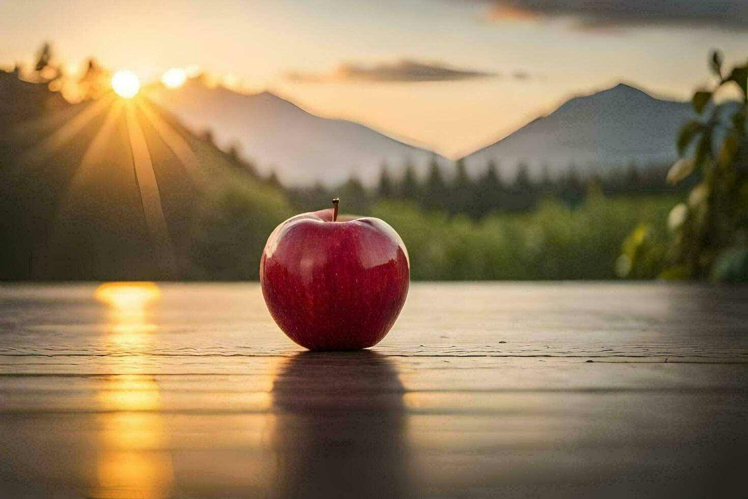 red apple on a wooden table in front of mountains. AI-Generated photo