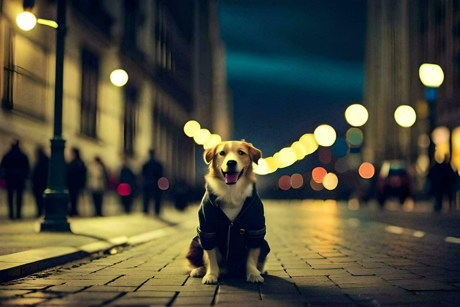 a dog sitting on the street at night. AI-Generated photo