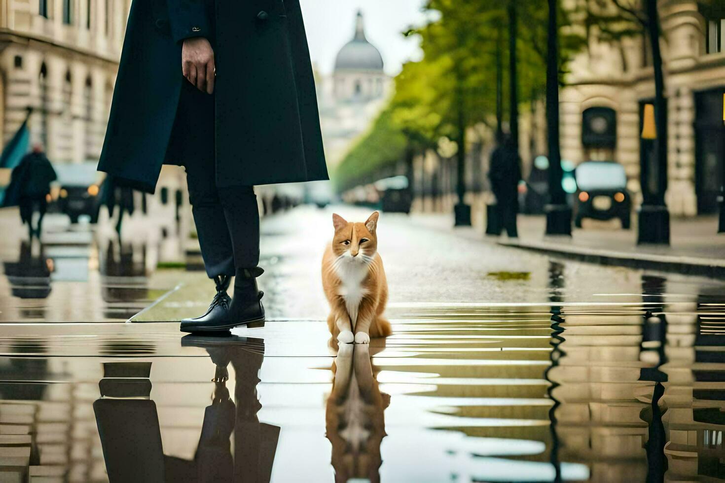 a cat and a person standing in the rain. AI-Generated photo