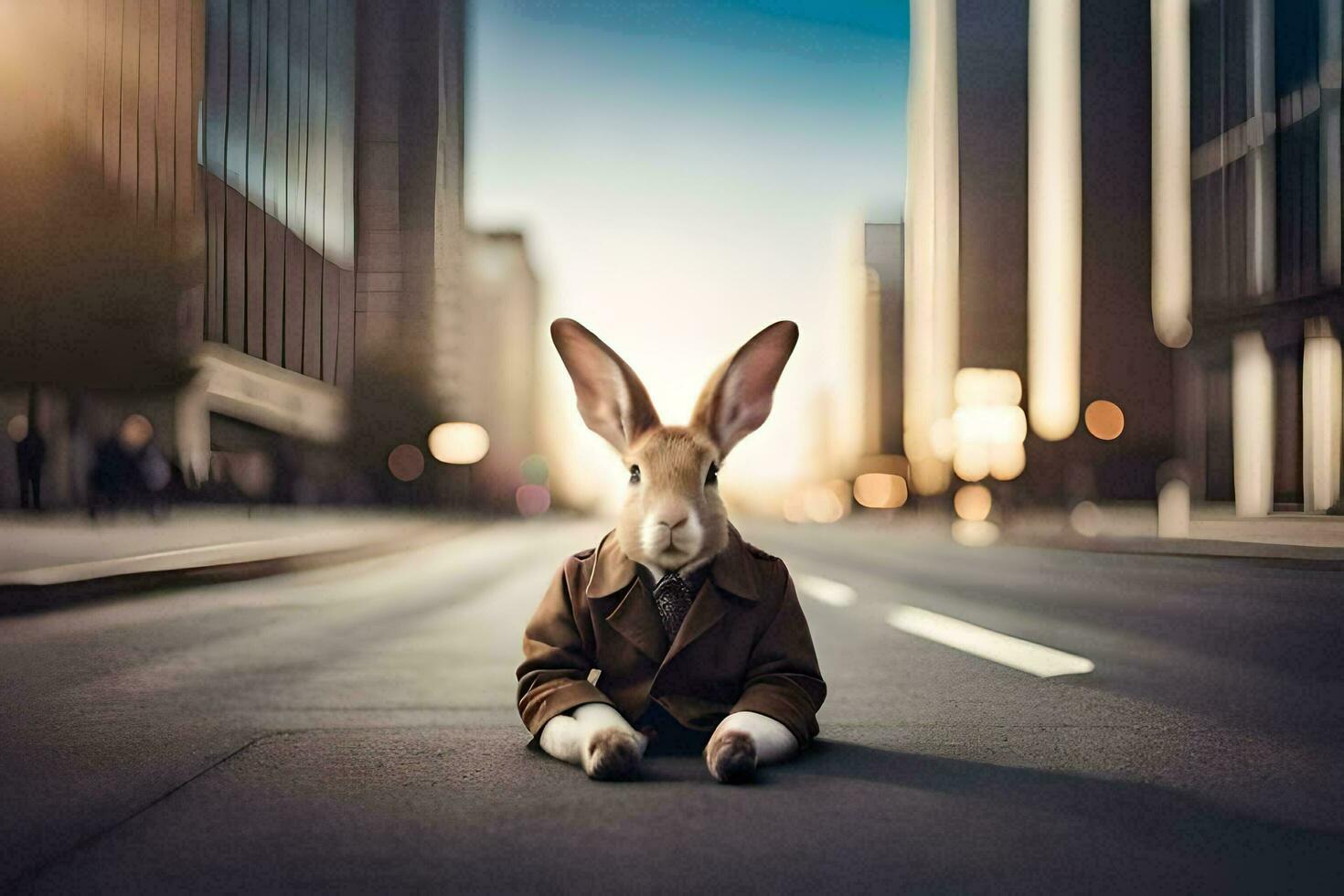 a rabbit wearing a suit sits on the street. AI-Generated photo