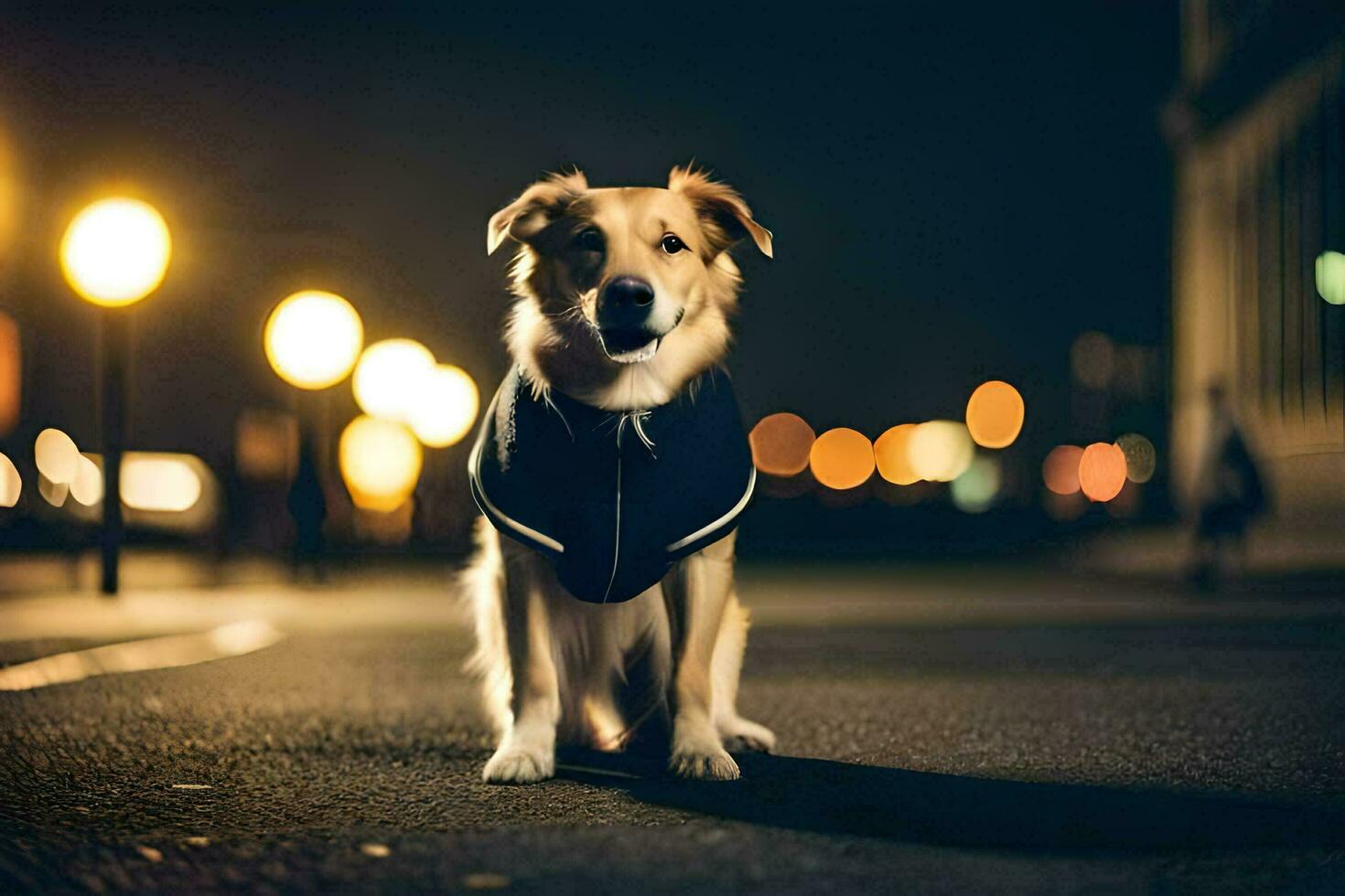 a dog wearing a vest on the street at night. AI-Generated photo