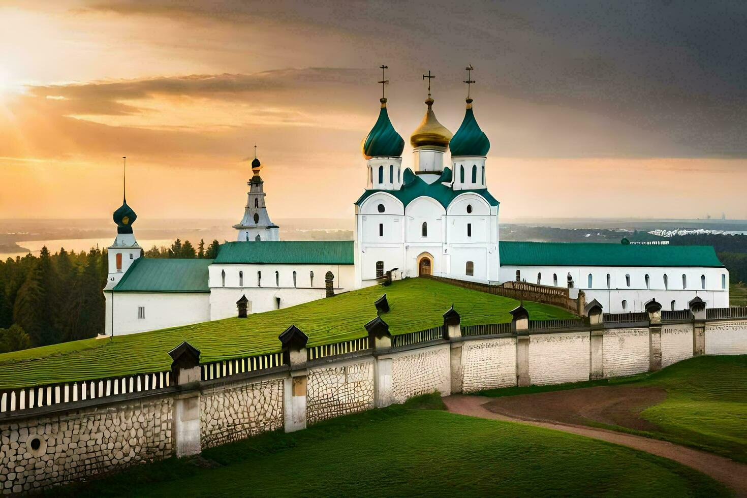the sun sets over a church in the countryside. AI-Generated photo