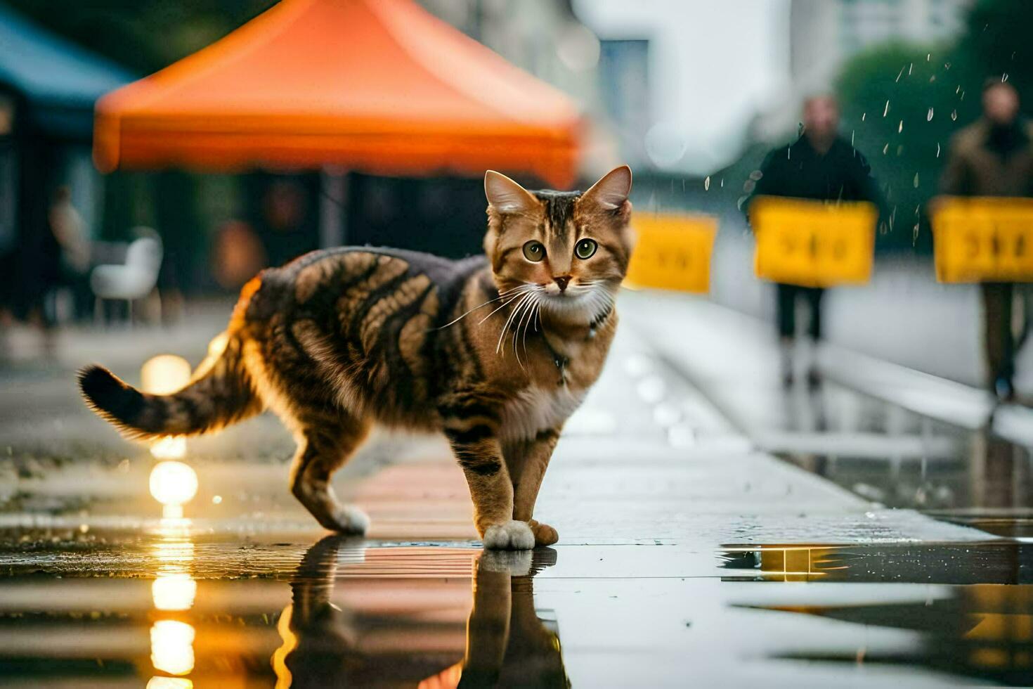 a cat walking on a wet street in the rain. AI-Generated photo