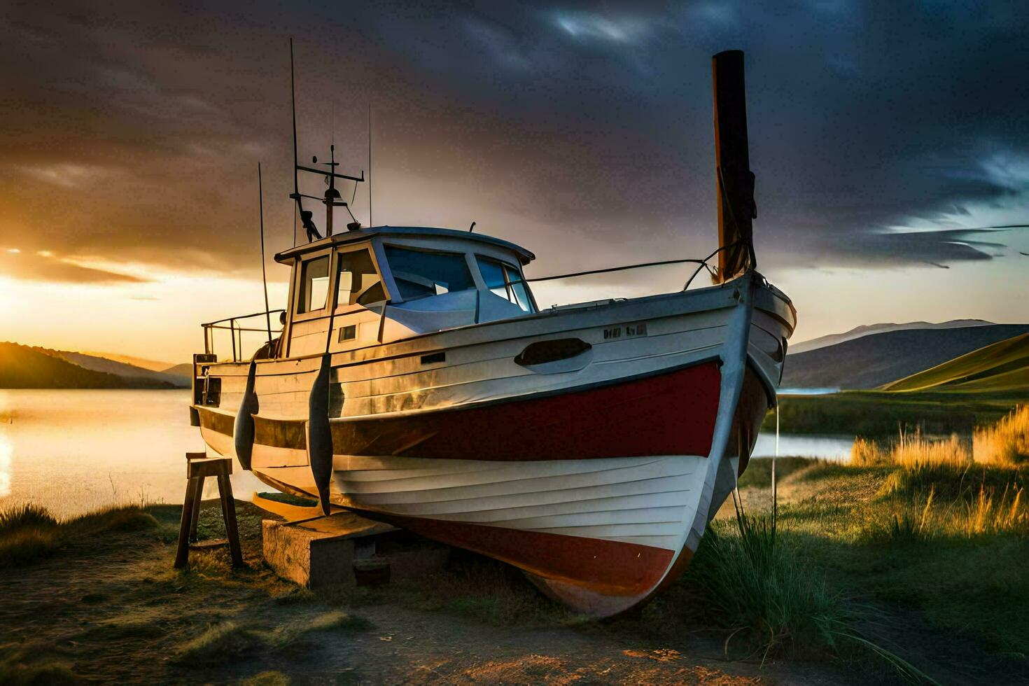 a boat sits on the shore at sunset. AI-Generated photo