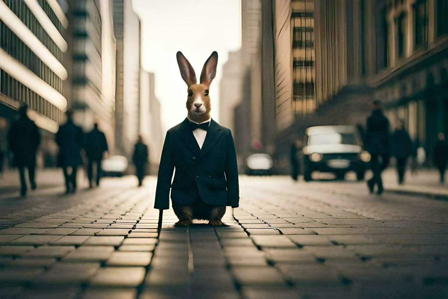 a rabbit in a suit and tie standing on a street. AI-Generated photo