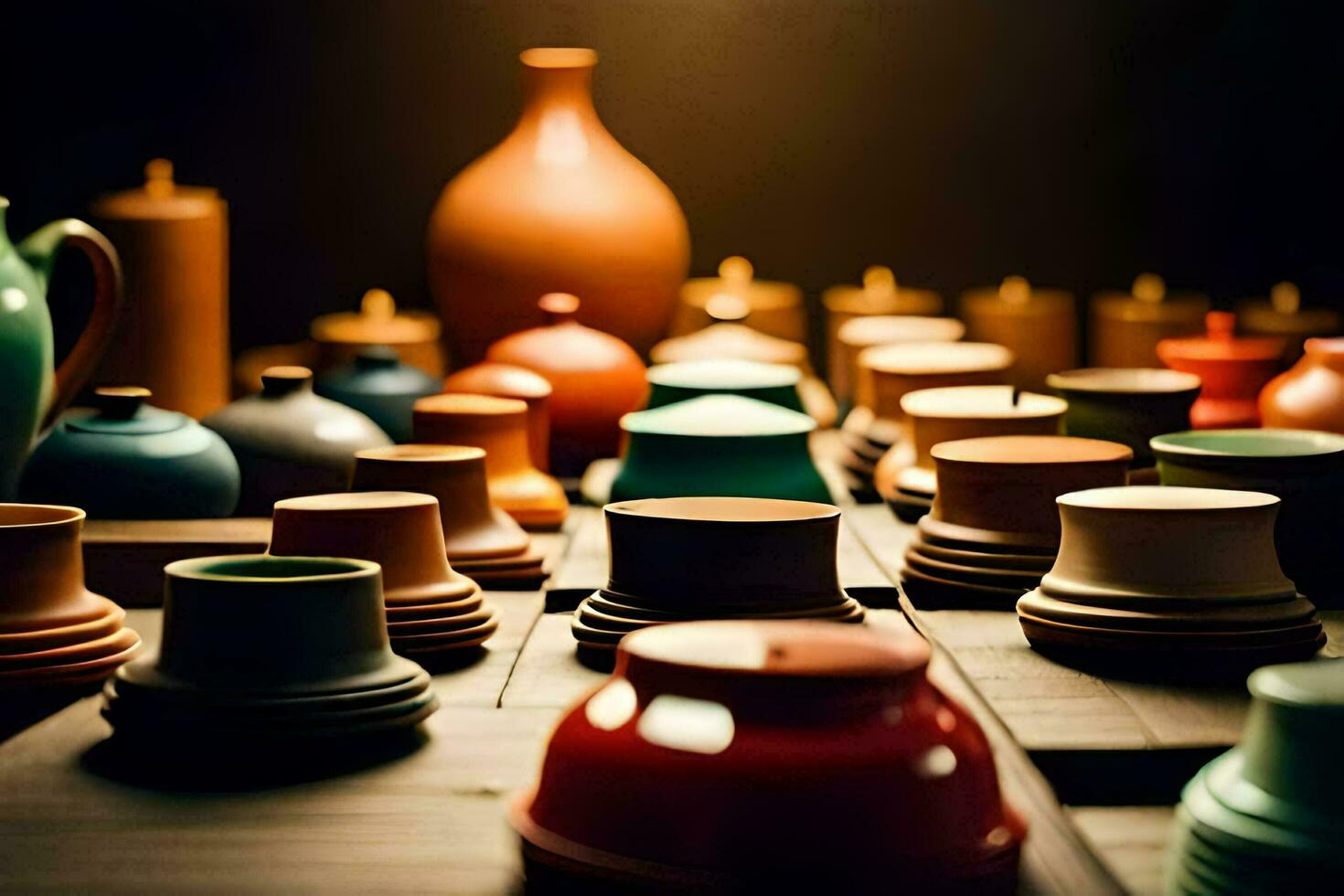 a collection of colorful ceramic vases on a table. AI-Generated photo