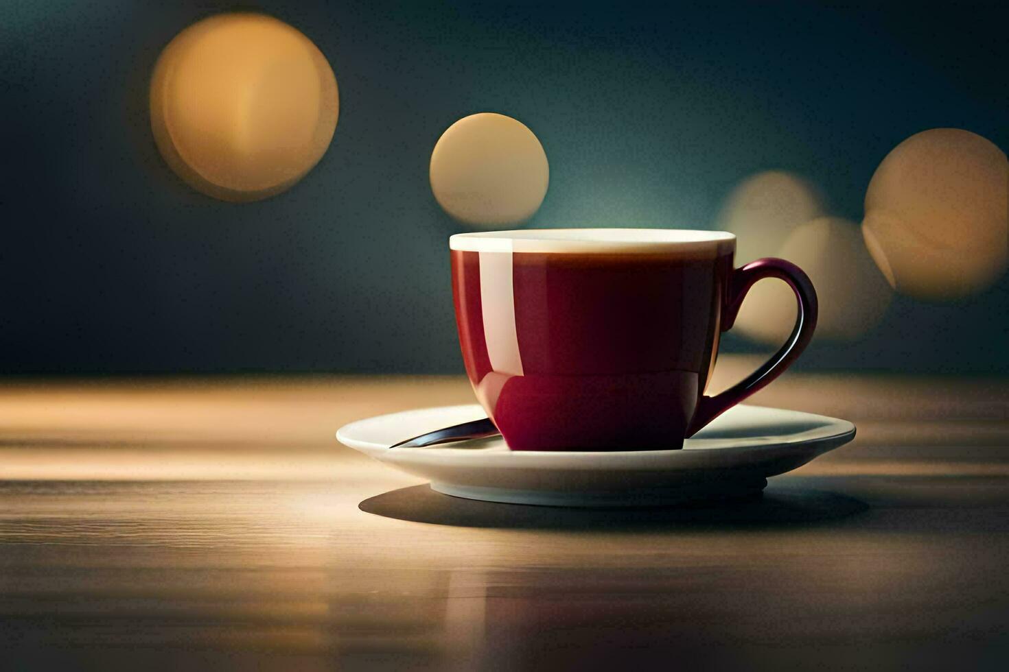 un rojo taza de café en un de madera mesa. generado por ai foto