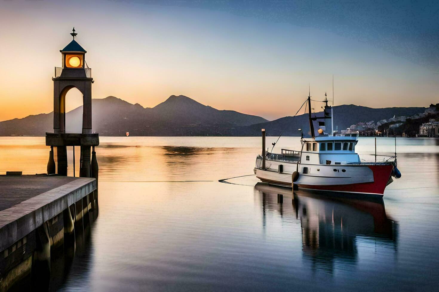 a boat docked at the pier at sunset with a clock tower in the background. AI-Generated photo