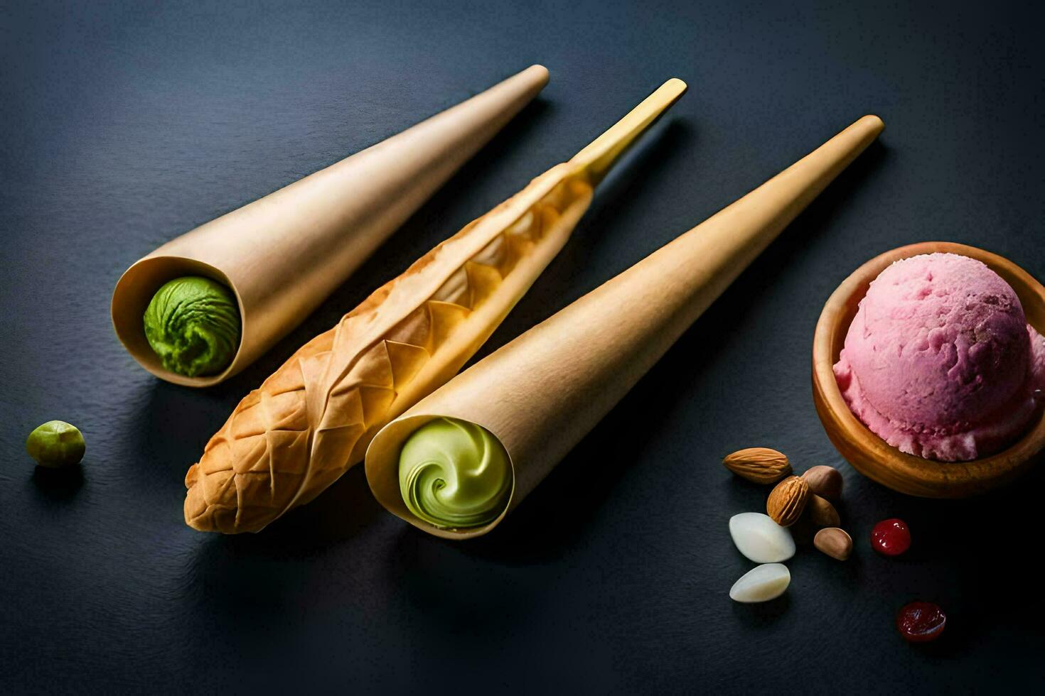 three ice cream cones with different flavors. AI-Generated photo