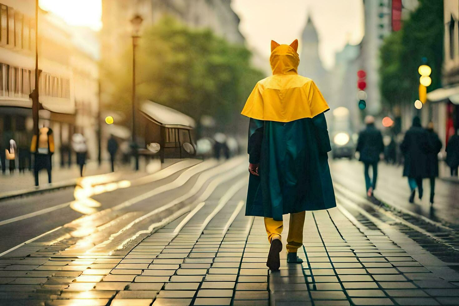 a person in a yellow raincoat walking down a street. AI-Generated photo