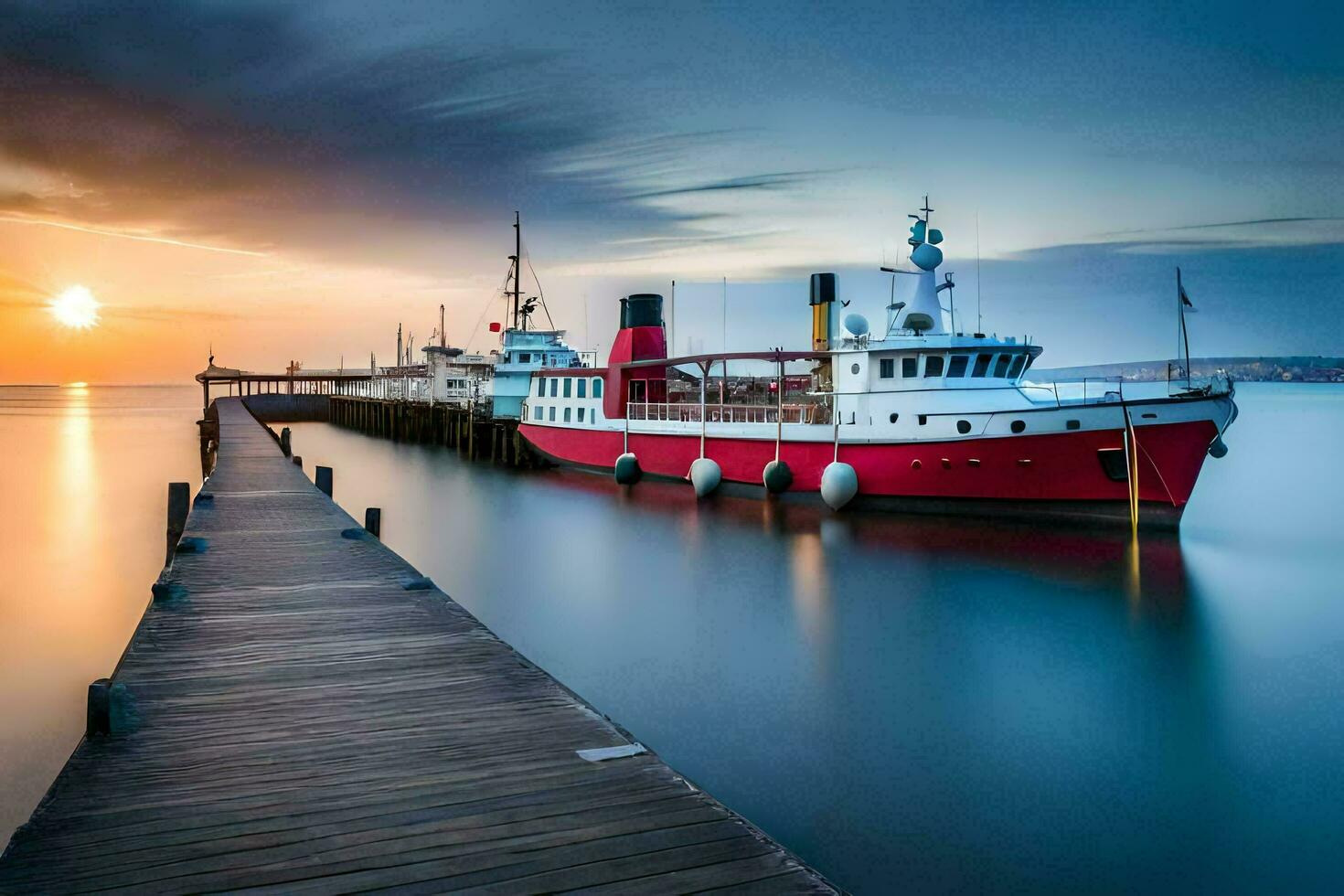 a red and white boat docked at the pier. AI-Generated photo