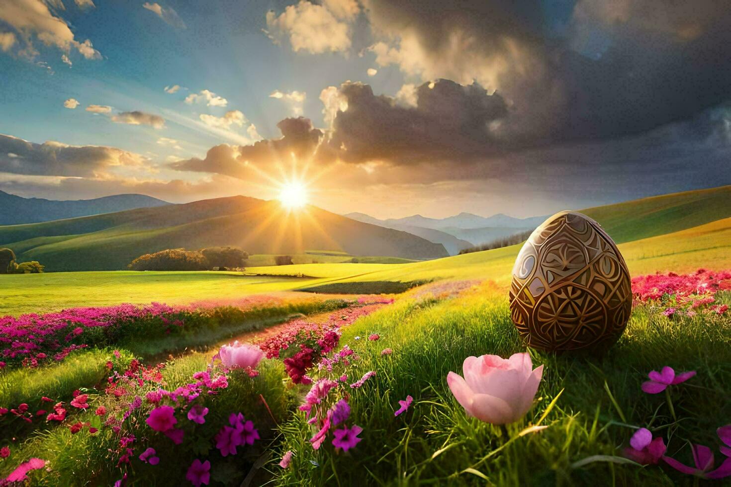 the sun rises over a field of flowers and a large egg. AI-Generated photo
