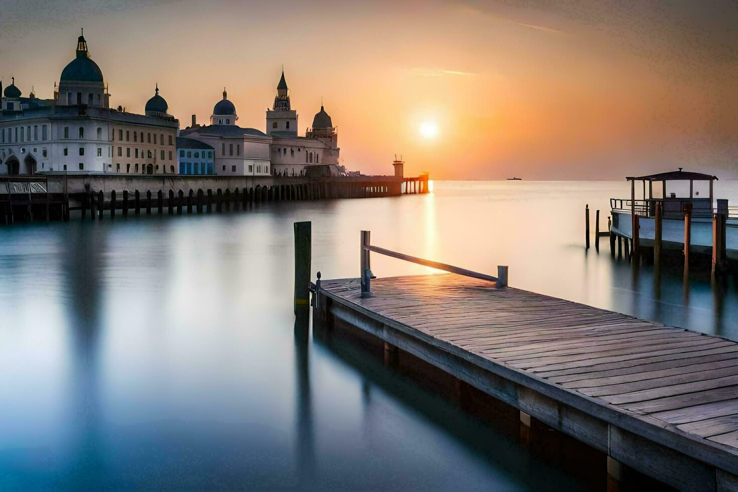 the sun sets over a pier and buildings in a city. AI-Generated photo